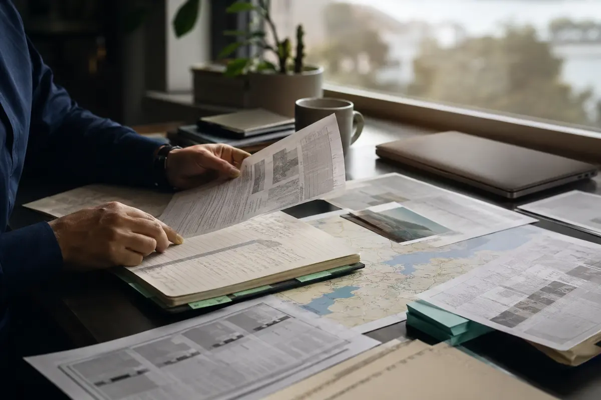 Investigator reviewing documents, maps, and photographs